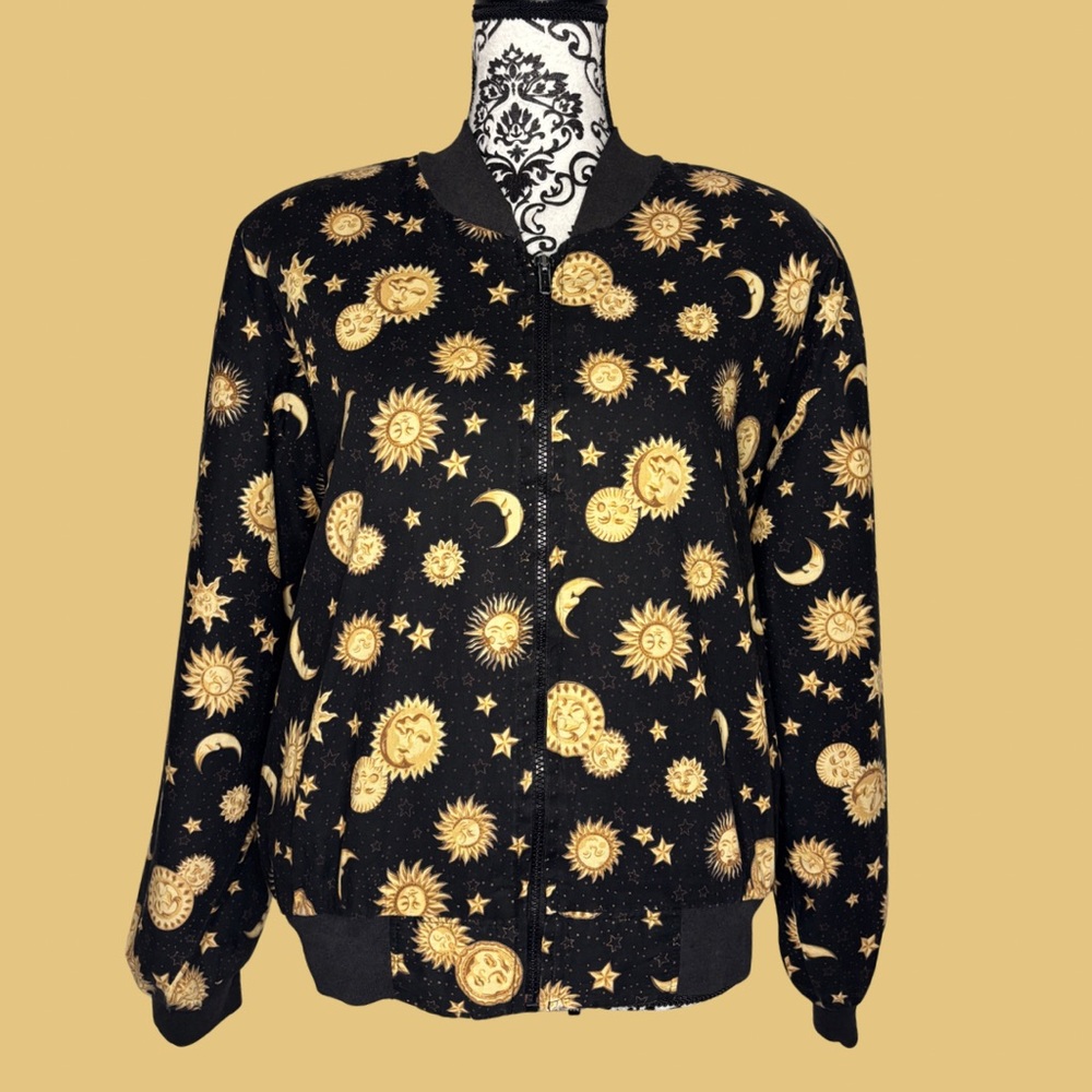 Vintage Reversible Bomber Jacket Sun Moon Celestial Black Gold Silk Lined